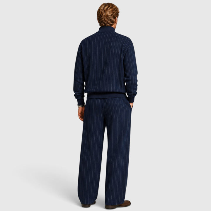 Men's Casual Striped Cotton Quarter-Zip Jumper and Trousers Set
