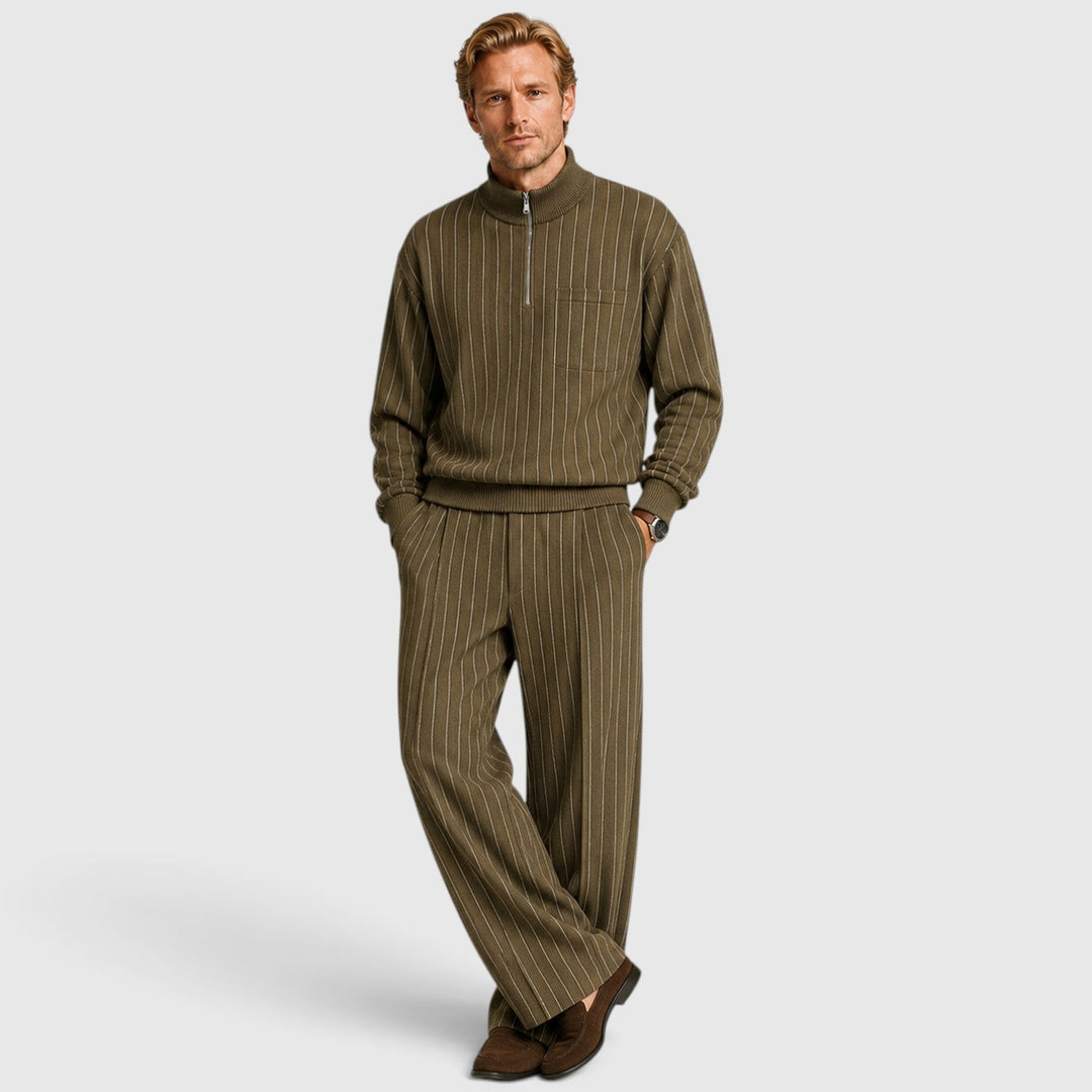 Men's Casual Striped Cotton Quarter-Zip Jumper and Trousers Set