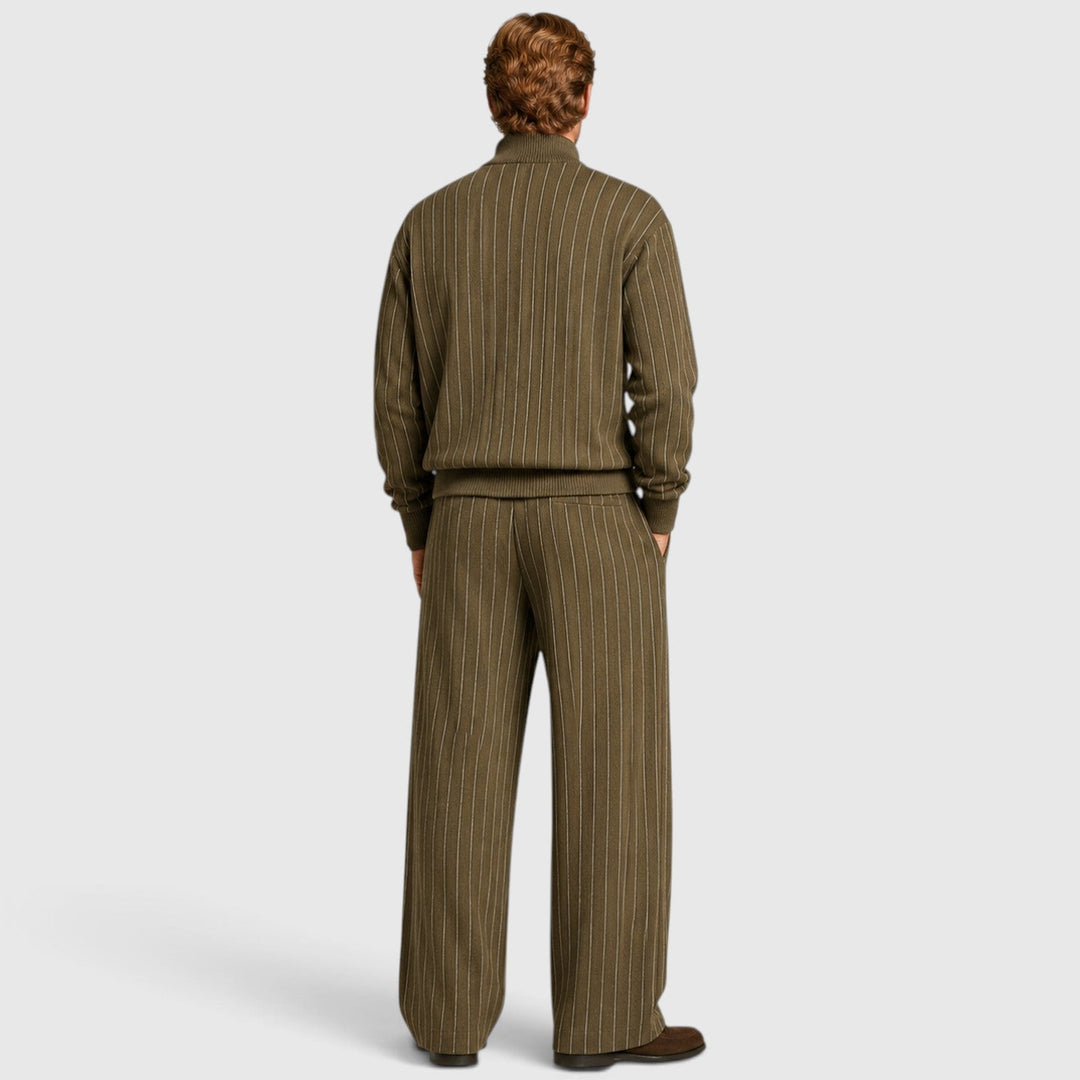 Men's Casual Striped Cotton Quarter-Zip Jumper and Trousers Set