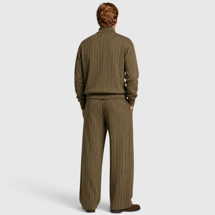 Men's Casual Striped Cotton Quarter-Zip Jumper and Trousers Set