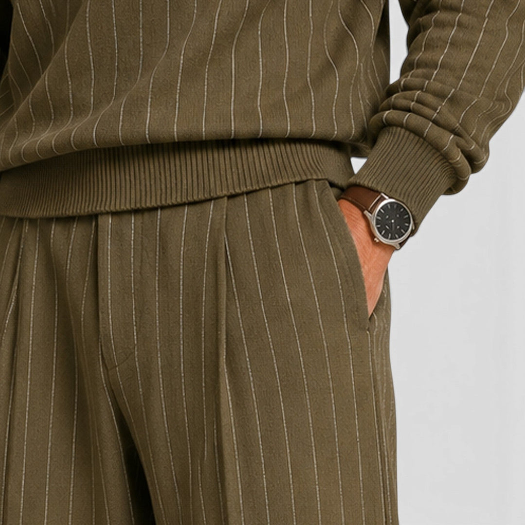 Men's Casual Striped Cotton Quarter-Zip Jumper and Trousers Set