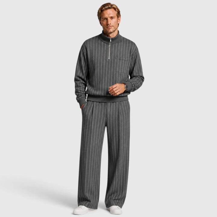Men's Casual Striped Cotton Quarter-Zip Jumper and Trousers Set