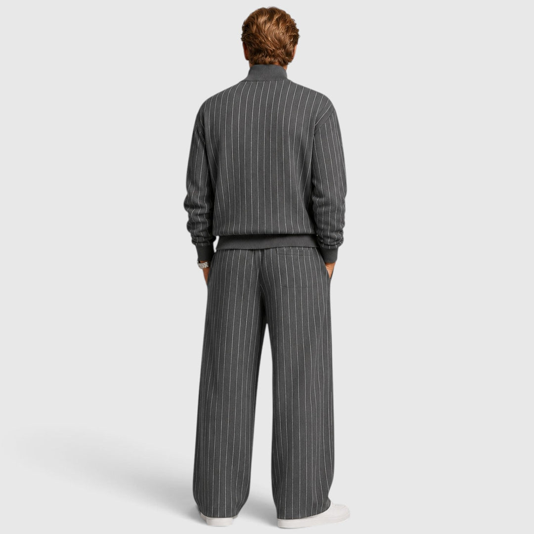 Men's Casual Striped Cotton Quarter-Zip Jumper and Trousers Set