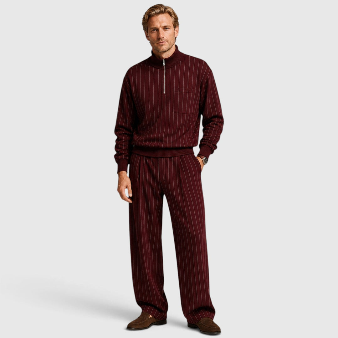 Men's Casual Striped Cotton Quarter-Zip Jumper and Trousers Set