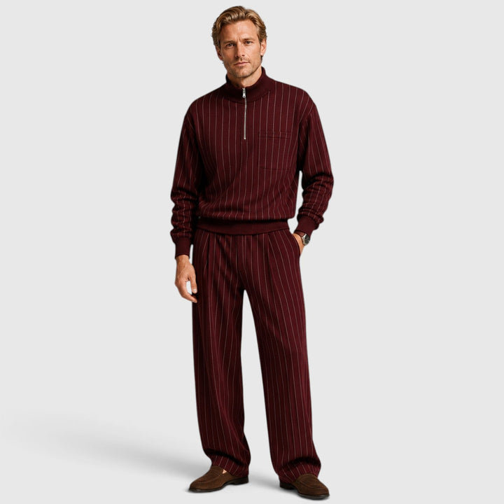 Men's Casual Striped Cotton Quarter-Zip Jumper and Trousers Set
