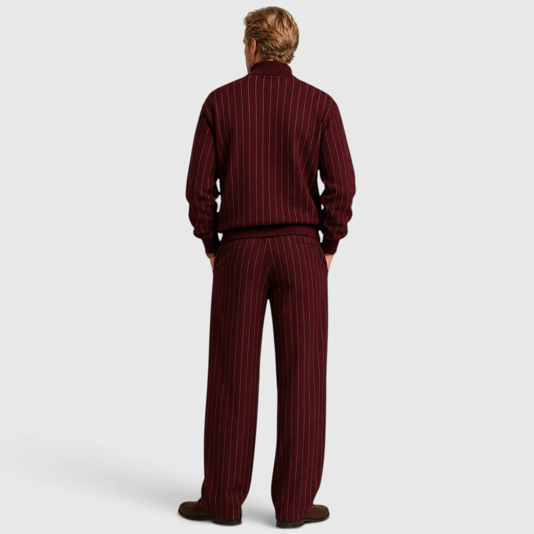 Men's Casual Striped Cotton Quarter-Zip Jumper and Trousers Set