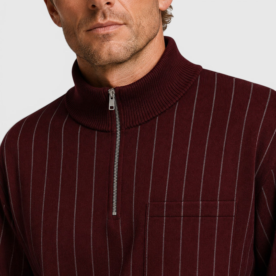 Men's Casual Striped Cotton Quarter-Zip Jumper and Trousers Set