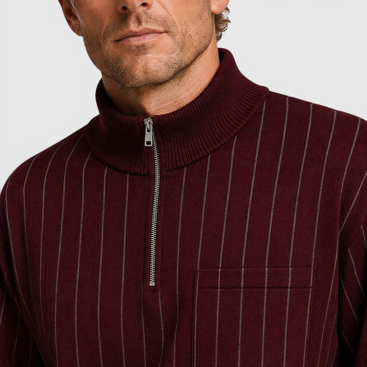 Men's Casual Striped Cotton Quarter-Zip Jumper and Trousers Set