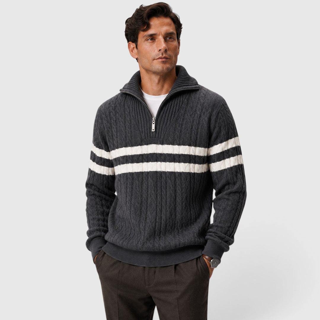Men's Classic Cable Knit Half-Zip Jumper with Striped Detail
