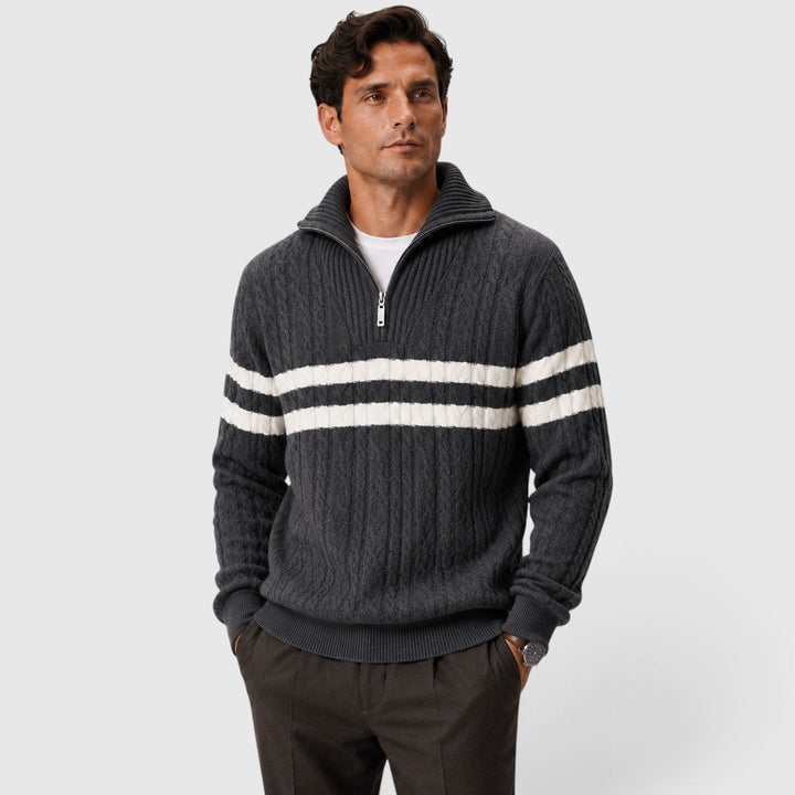 Men's Classic Cable Knit Half-Zip Jumper with Striped Detail