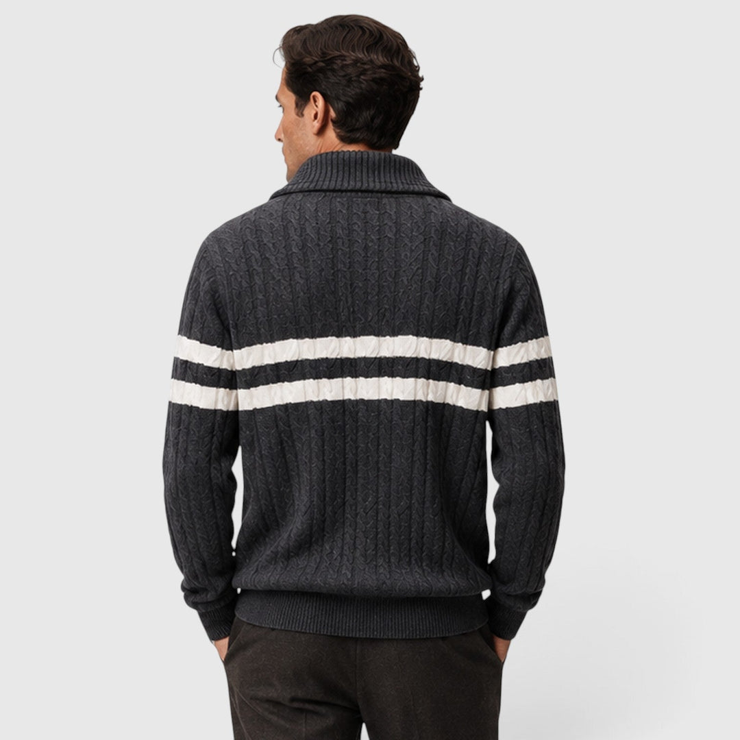Men's Classic Cable Knit Half-Zip Jumper with Striped Detail