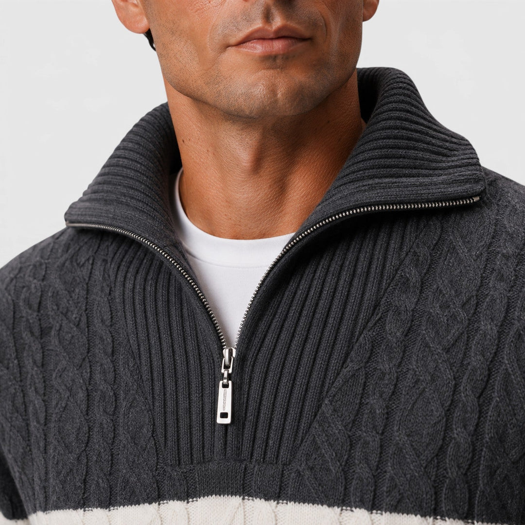 Men's Classic Cable Knit Half-Zip Jumper with Striped Detail