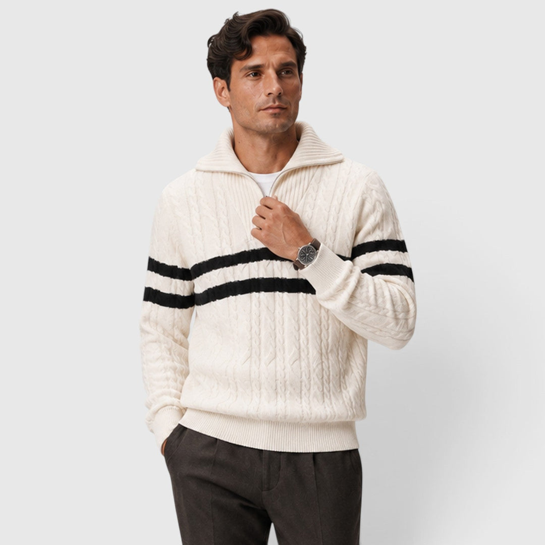 Men's Classic Cable Knit Half-Zip Jumper with Striped Detail