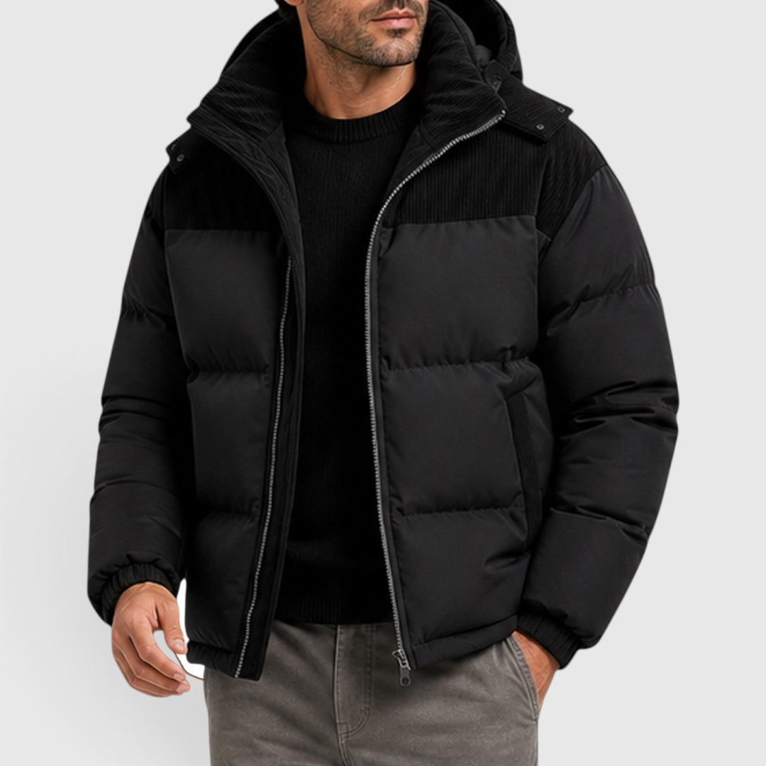 Men's Casual Corduroy Quilted Hooded Puffer Jacket