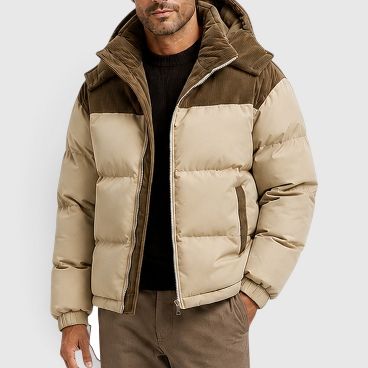 Men's Casual Corduroy Quilted Hooded Puffer Jacket