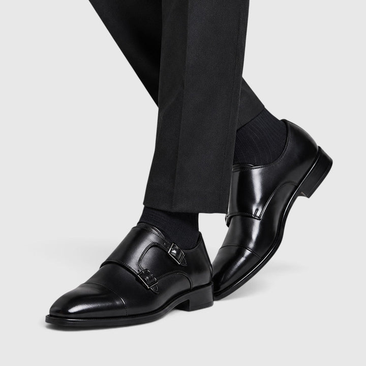 Men's Classic Black Leather Double Monk Strap Oxford Shoes