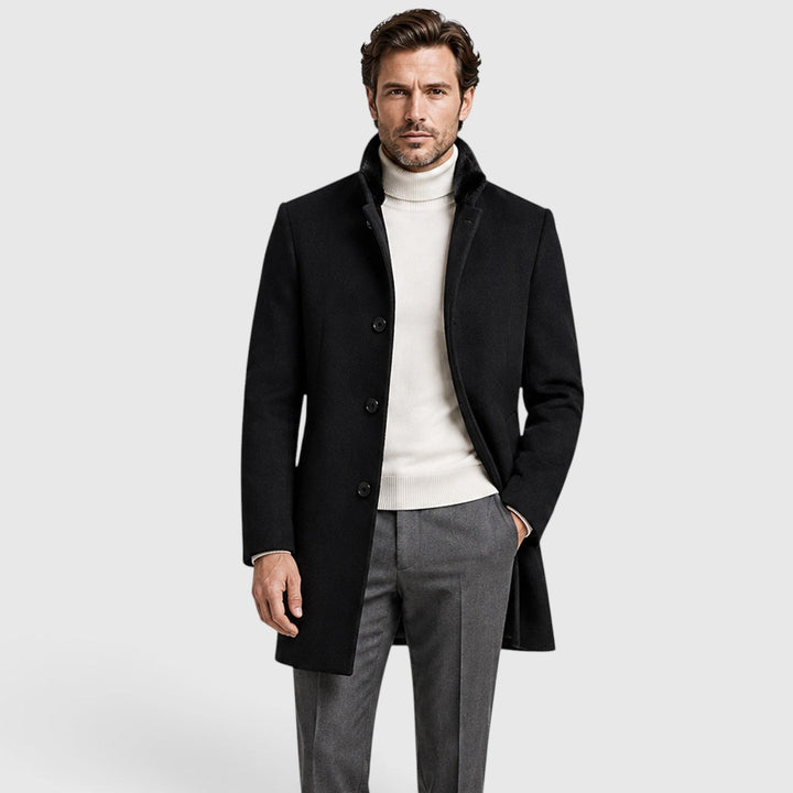 Men's Classic Woolen Lapel Coat in Black