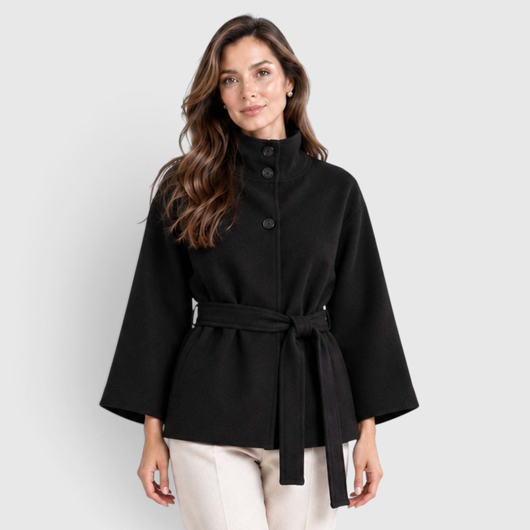 Women's Classic Wool Blend Belted Cape Jacket with Stand Collar