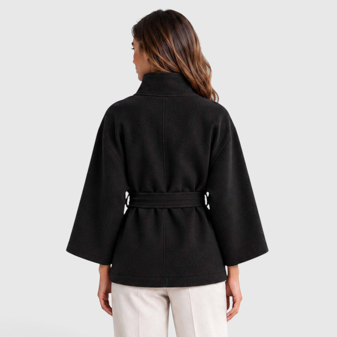 Women's Classic Wool Blend Belted Cape Jacket with Stand Collar