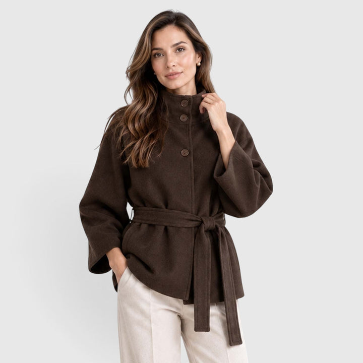 Women's Classic Wool Blend Belted Cape Jacket with Stand Collar