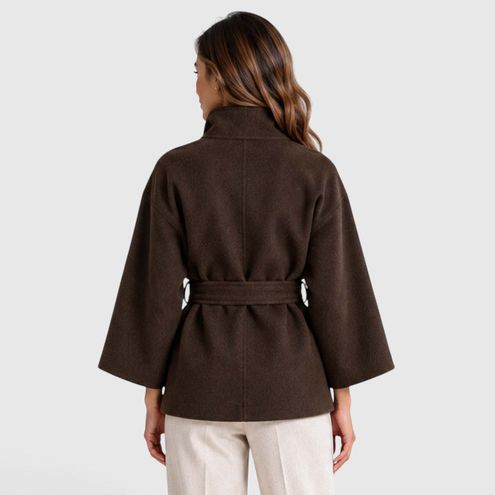 Women's Classic Wool Blend Belted Cape Jacket with Stand Collar