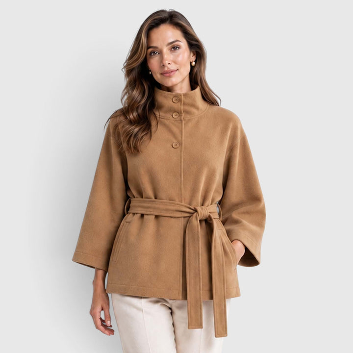 Women's Classic Wool Blend Belted Cape Jacket with Stand Collar