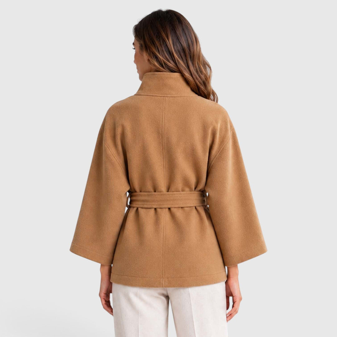 Women's Classic Wool Blend Belted Cape Jacket with Stand Collar