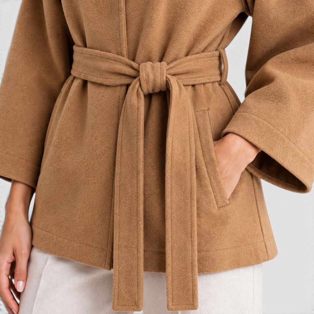 Women's Classic Wool Blend Belted Cape Jacket with Stand Collar