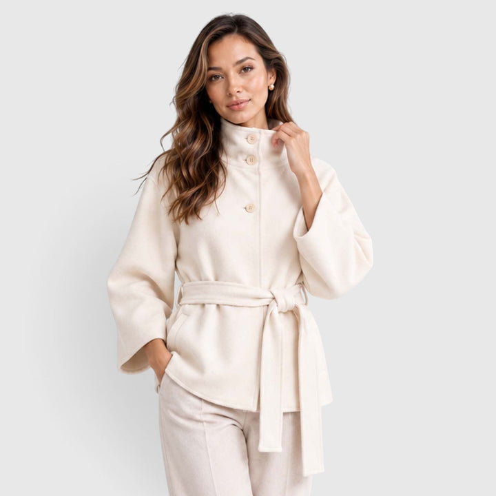 Women's Classic Wool Blend Belted Cape Jacket with Stand Collar