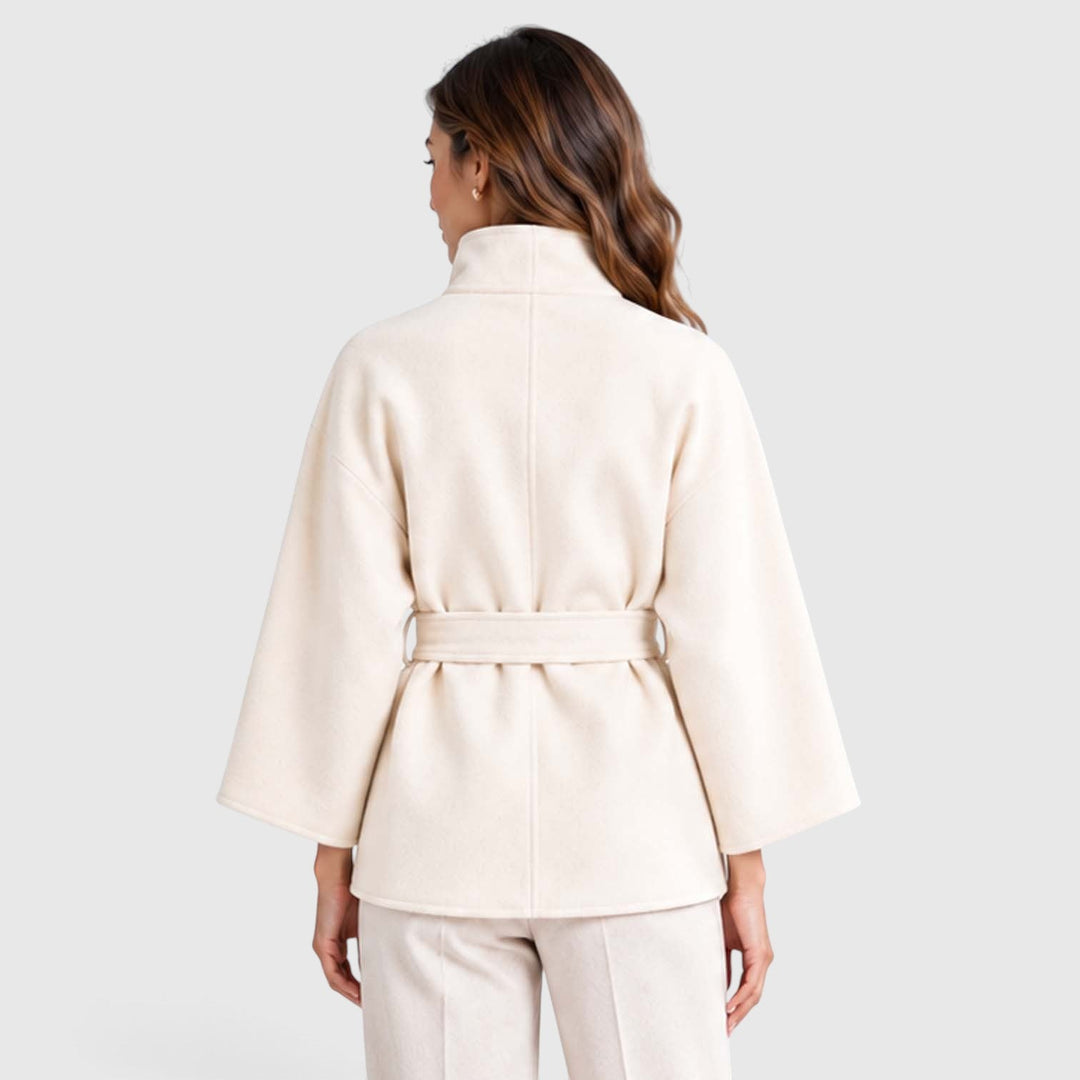 Women's Classic Wool Blend Belted Cape Jacket with Stand Collar