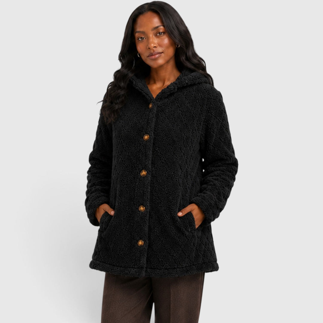 Women's Casual Plush Teddy Fleece Hooded Cardigan with Buttons