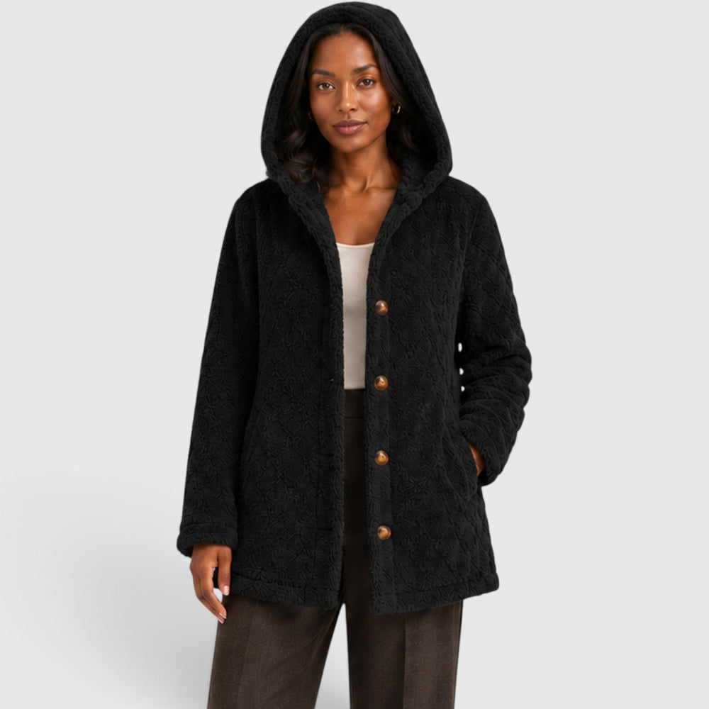 Women's Casual Plush Teddy Fleece Hooded Cardigan with Buttons