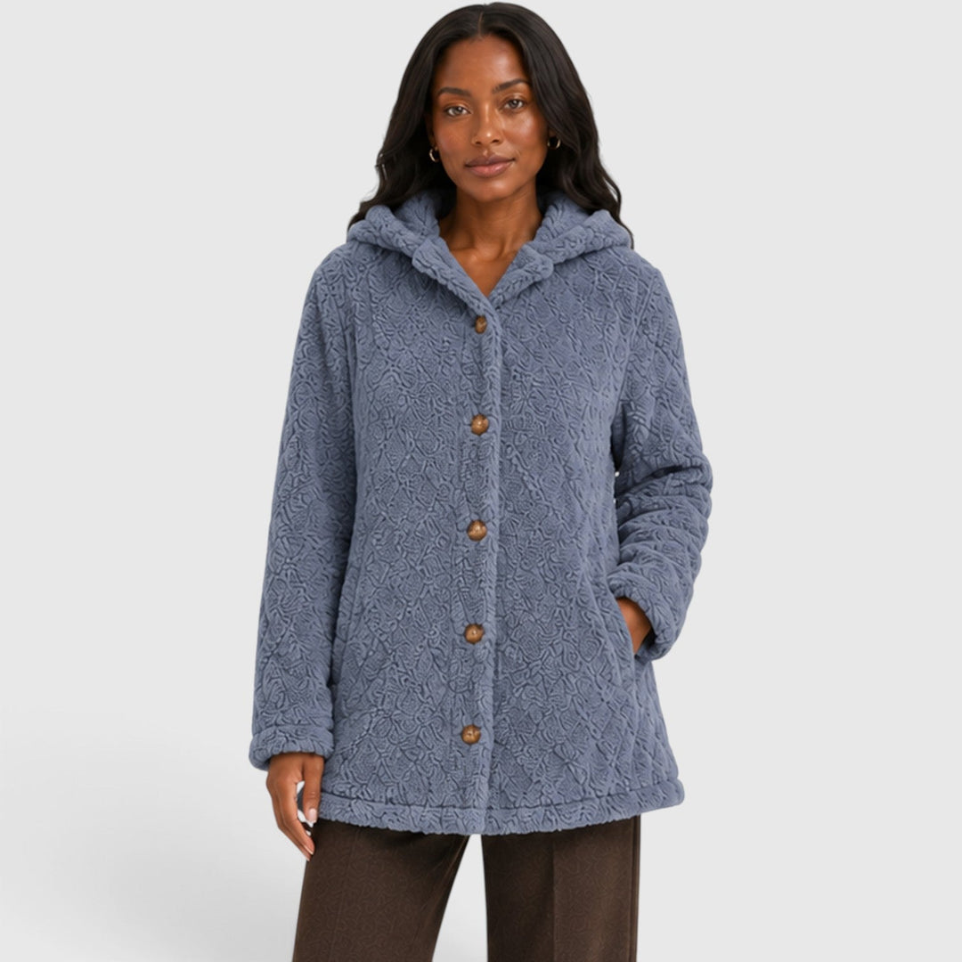 Women's Casual Plush Teddy Fleece Hooded Cardigan with Buttons
