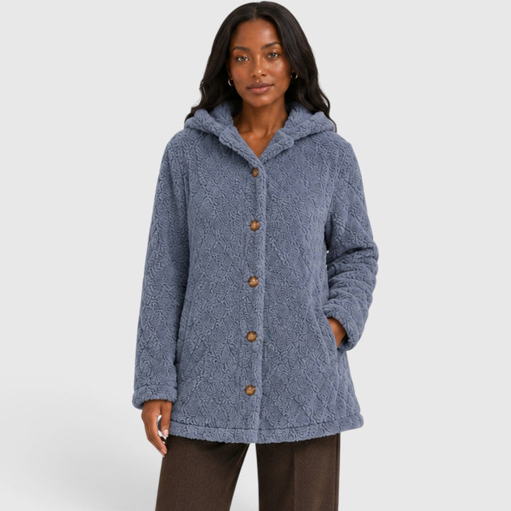 Women's Casual Plush Teddy Fleece Hooded Cardigan with Buttons