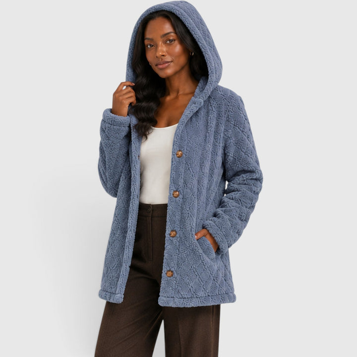 Women's Casual Plush Teddy Fleece Hooded Cardigan with Buttons