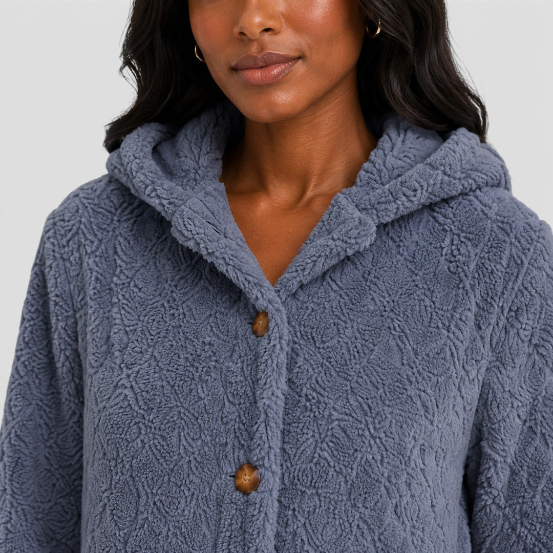 Women's Casual Plush Teddy Fleece Hooded Cardigan with Buttons