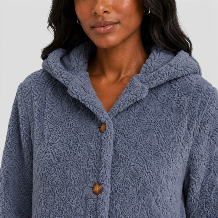 Women's Casual Plush Teddy Fleece Hooded Cardigan with Buttons