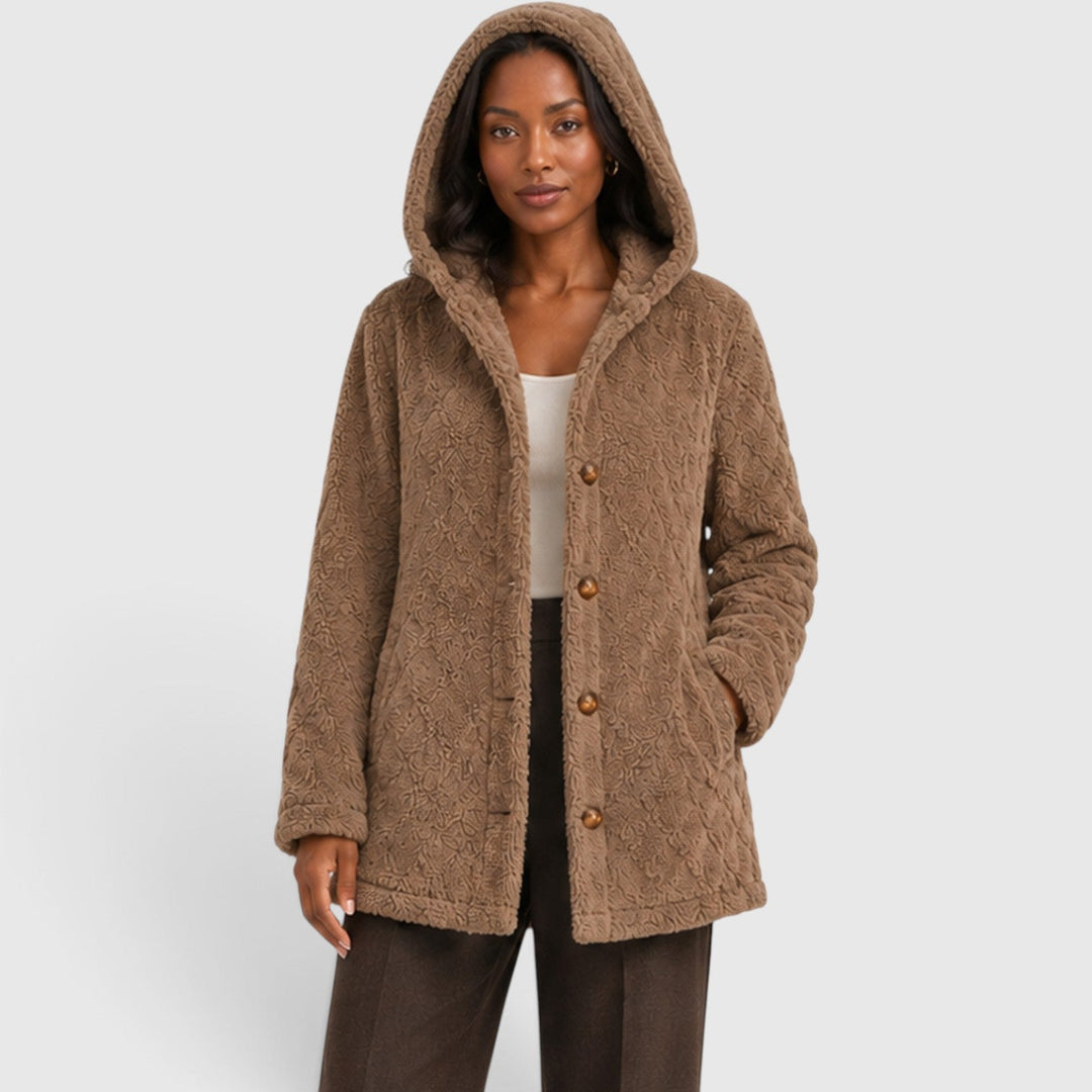 Women's Casual Plush Teddy Fleece Hooded Cardigan with Buttons