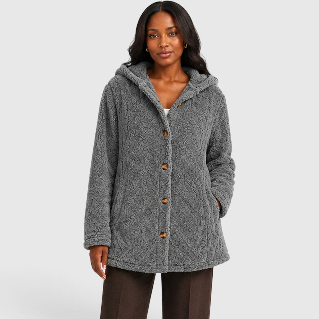 Women's Casual Plush Teddy Fleece Hooded Cardigan with Buttons
