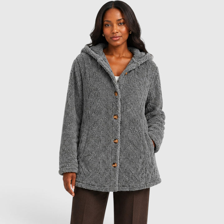 Women's Casual Plush Teddy Fleece Hooded Cardigan with Buttons