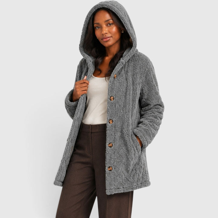 Women's Casual Plush Teddy Fleece Hooded Cardigan with Buttons