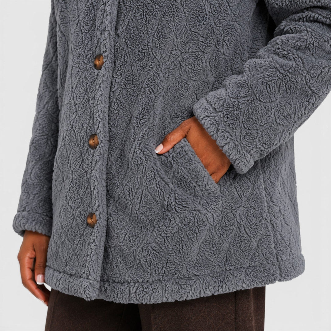 Women's Casual Plush Teddy Fleece Hooded Cardigan with Buttons