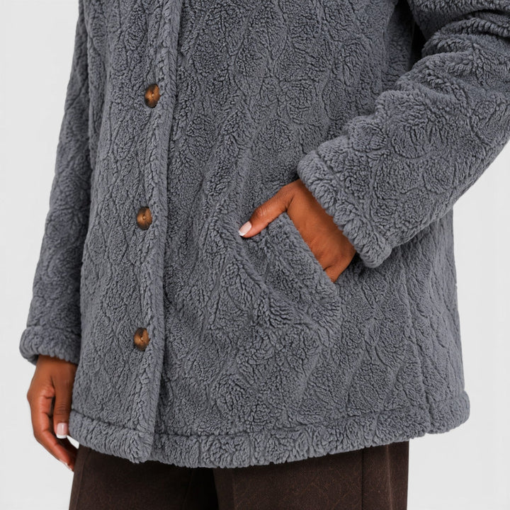 Women's Casual Plush Teddy Fleece Hooded Cardigan with Buttons