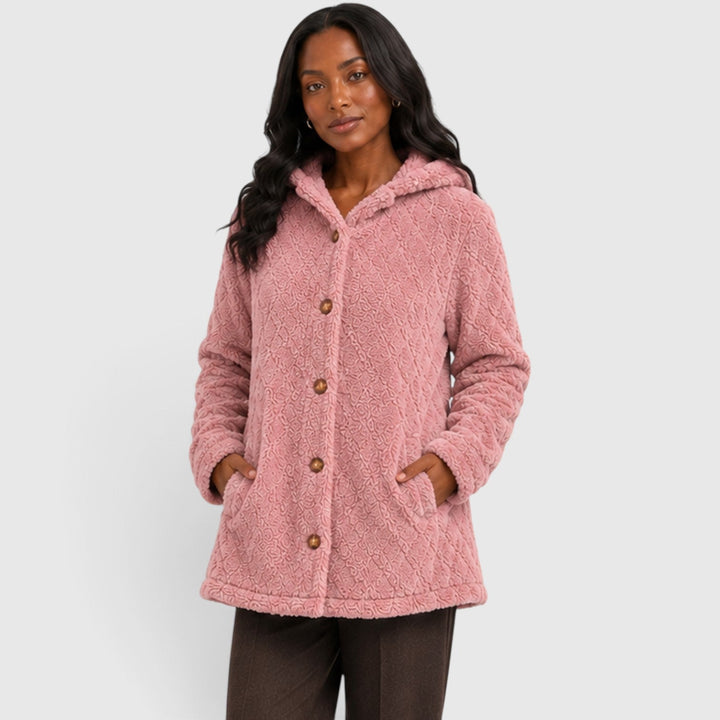 Women's Casual Plush Teddy Fleece Hooded Cardigan with Buttons