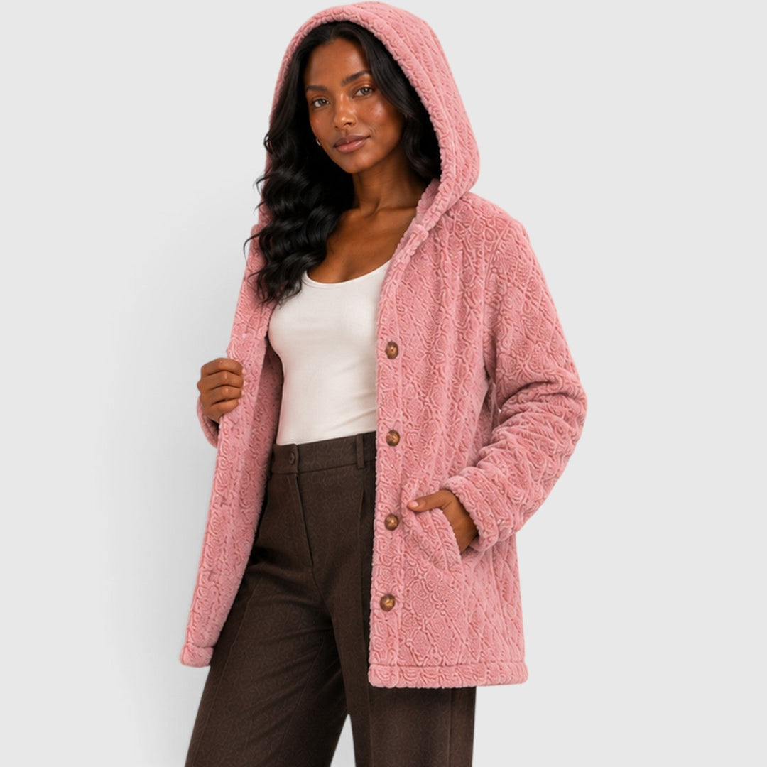 Women's Casual Plush Teddy Fleece Hooded Cardigan with Buttons
