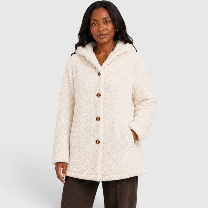 Women's Casual Plush Teddy Fleece Hooded Cardigan with Buttons