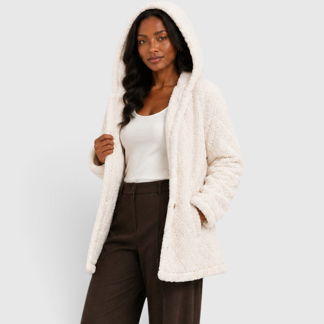 Women's Casual Plush Teddy Fleece Hooded Cardigan with Buttons