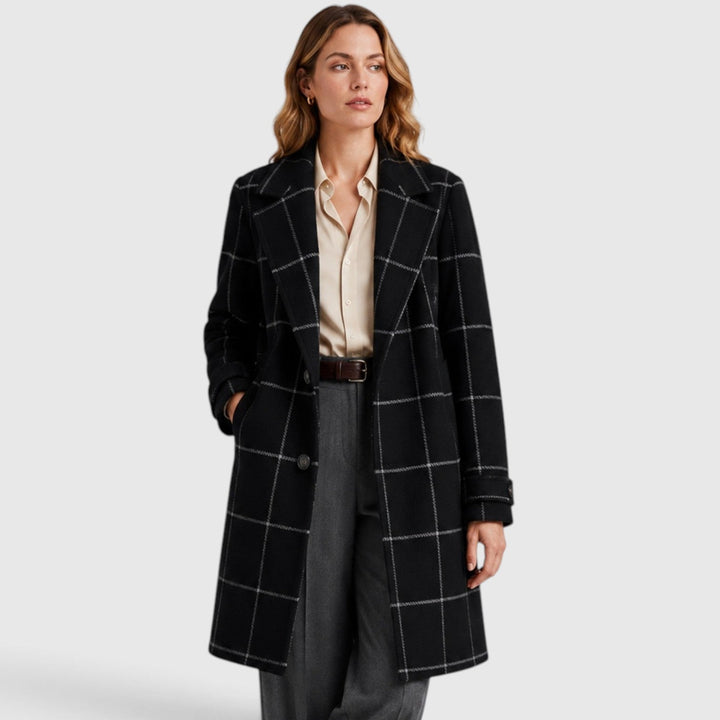 Women's Classic Wool Blend Mid-Length Plaid Coat with Lapel