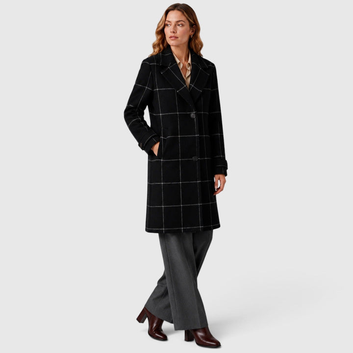 Women's Classic Wool Blend Mid-Length Plaid Coat with Lapel