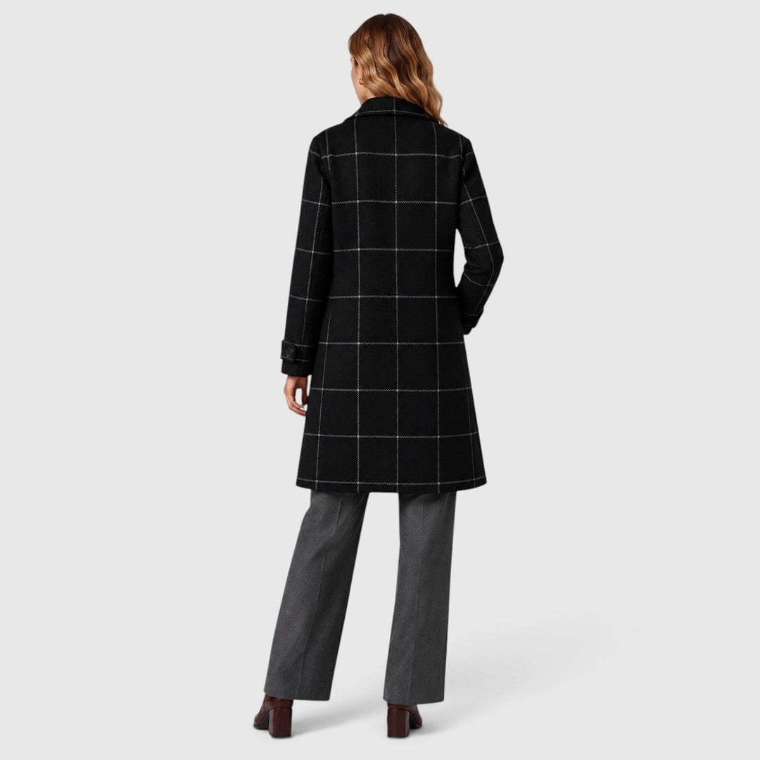 Women's Classic Wool Blend Mid-Length Plaid Coat with Lapel